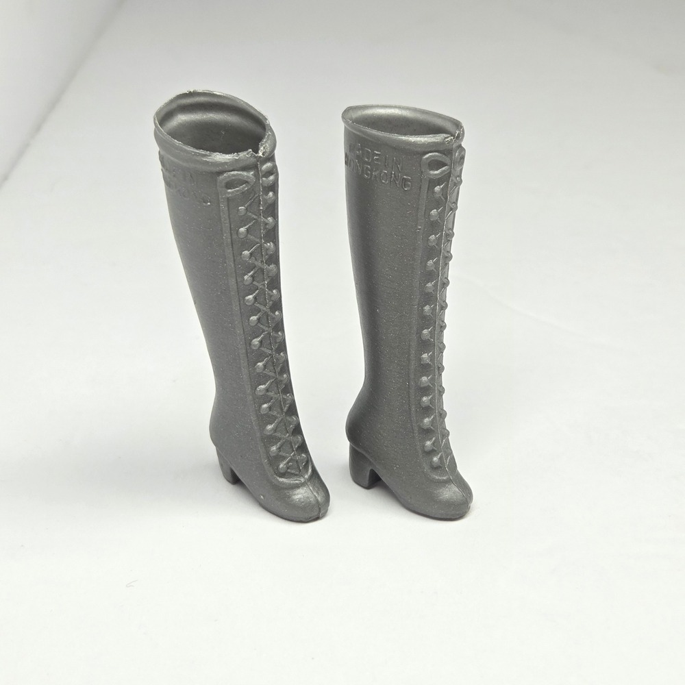 Vintage Silver Grey Lace Up Tall Barbie Boots Hong Kong 1970s Mod Accessory